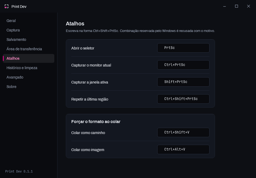 Painel de configurações, seção Atalhos: cada combinação de teclas mostrada em keycaps monoespaçados.