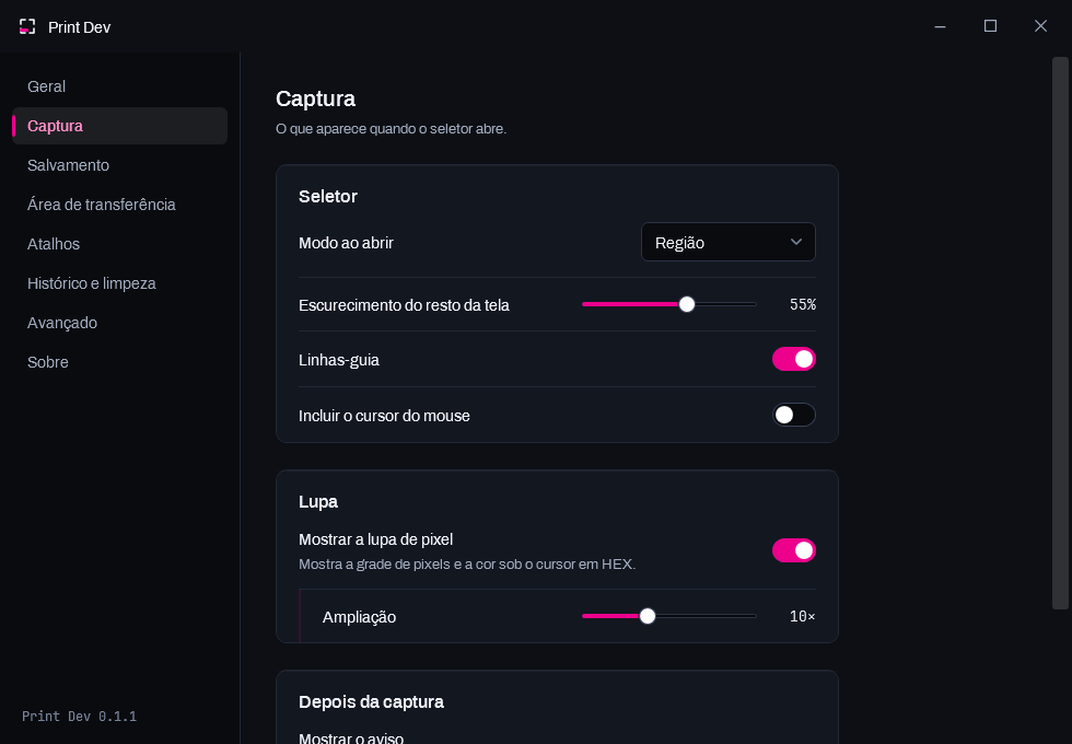 Painel de configurações, seção Captura: modo padrão do seletor, escurecimento, lupa e atraso.