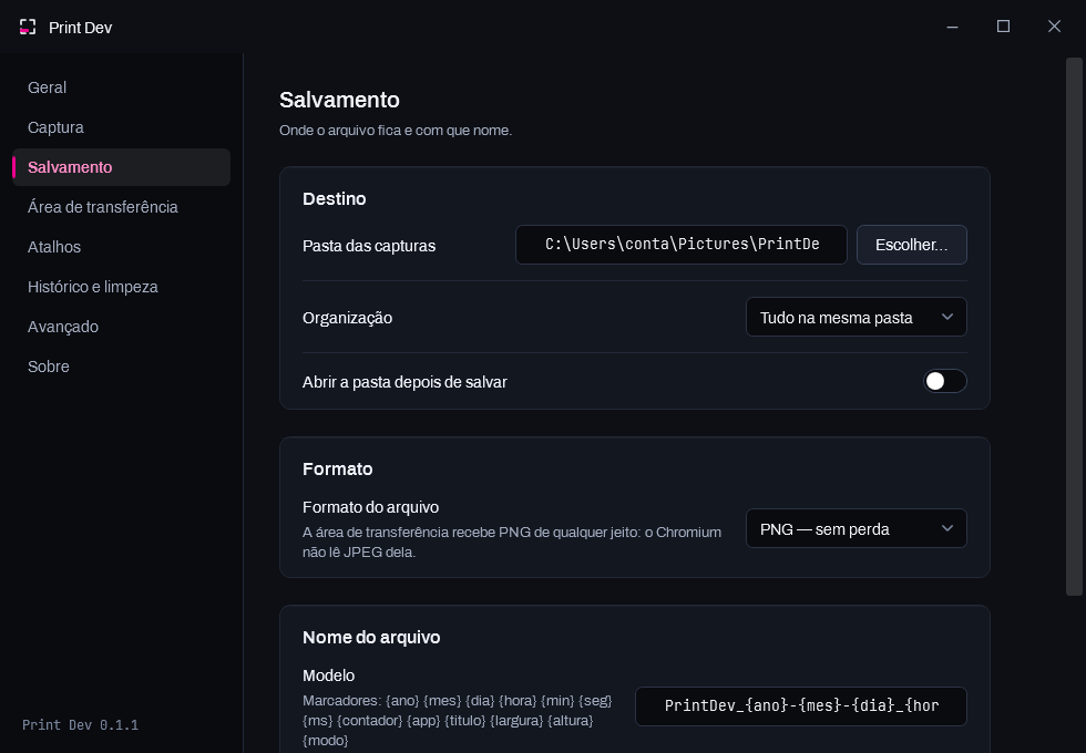 Painel de configurações, seção Salvamento: pasta, formato, qualidade e modelo de nome de arquivo.