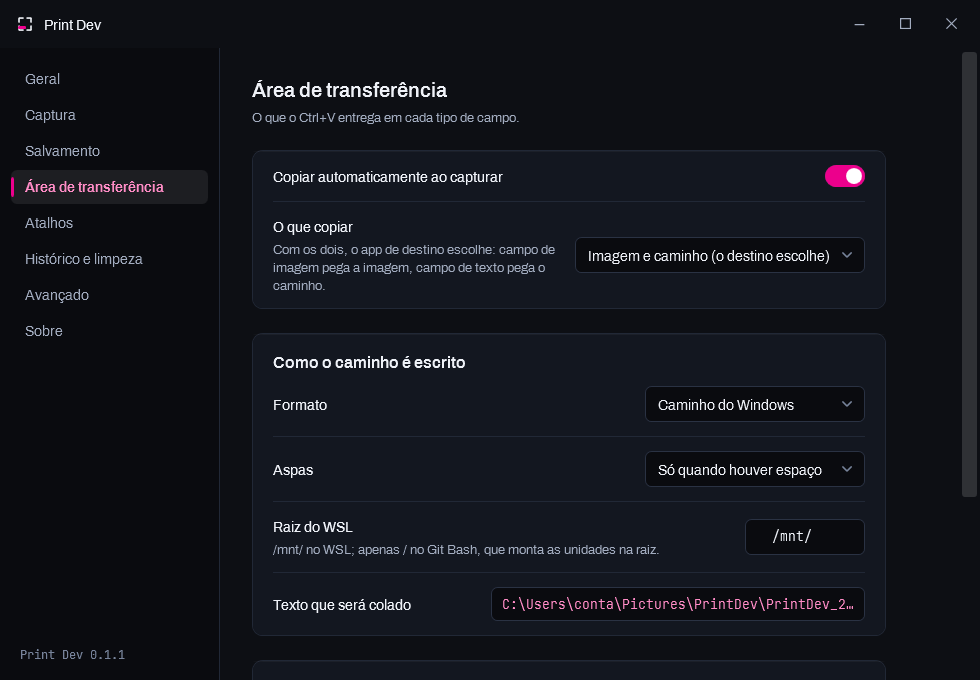 Painel de configurações do Print Dev, seção Área de transferência: o que copiar, como o caminho é escrito e uma prévia ao vivo do texto exato que será colado.