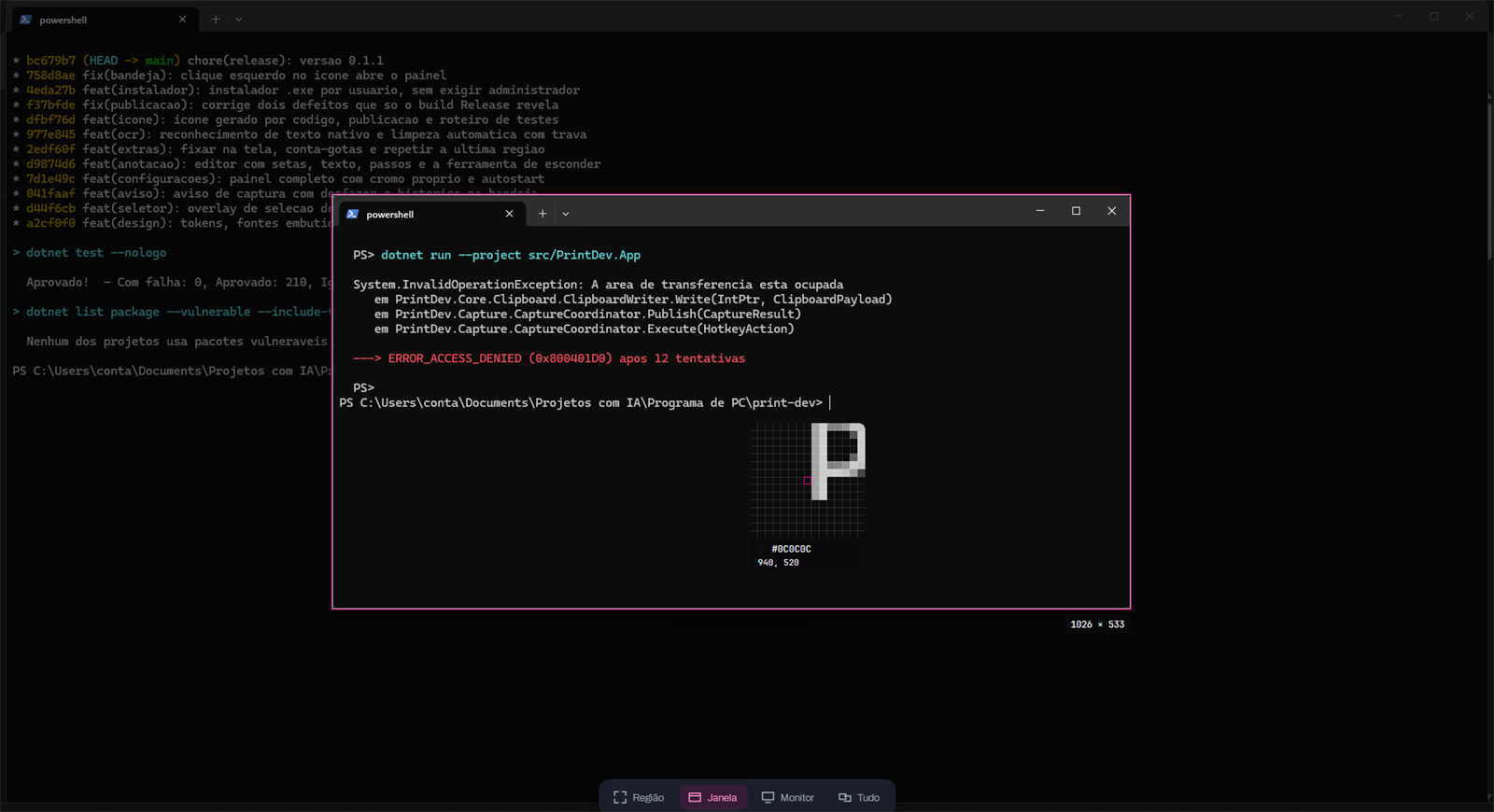 O seletor de área do Print Dev sobre um terminal: a tela escurecida, a janela em destaque com moldura magenta, a lupa com grade de pixels mostrando o HEX da cor sob o cursor, e o badge com as dimensões da seleção.